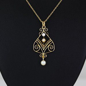 Vintage Art Deco 14k Yellow Gold Chain 10k Diamond Pearl Pendant Necklace 1930s